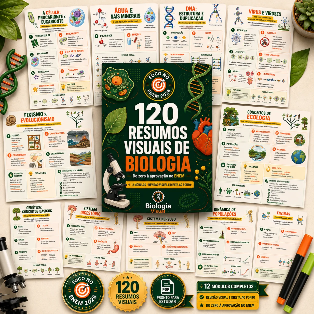120 Resumos Visuais de Biologia — capa e páginas do material